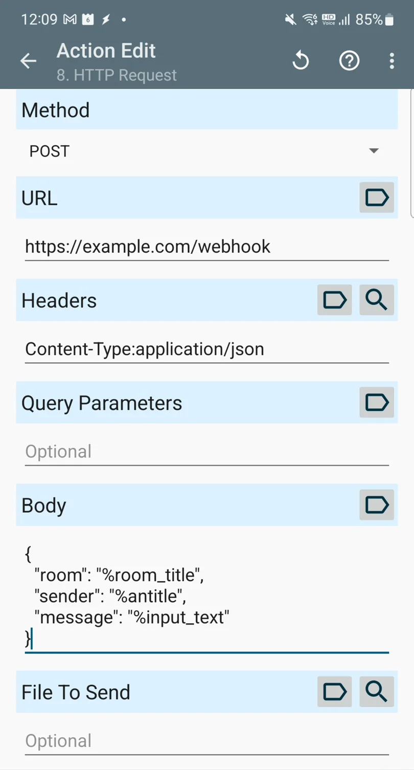 Tasker HTTP Request 액션에서 카카오톡 메시지를 JSON Body로 웹훅에 POST하는 설정 화면