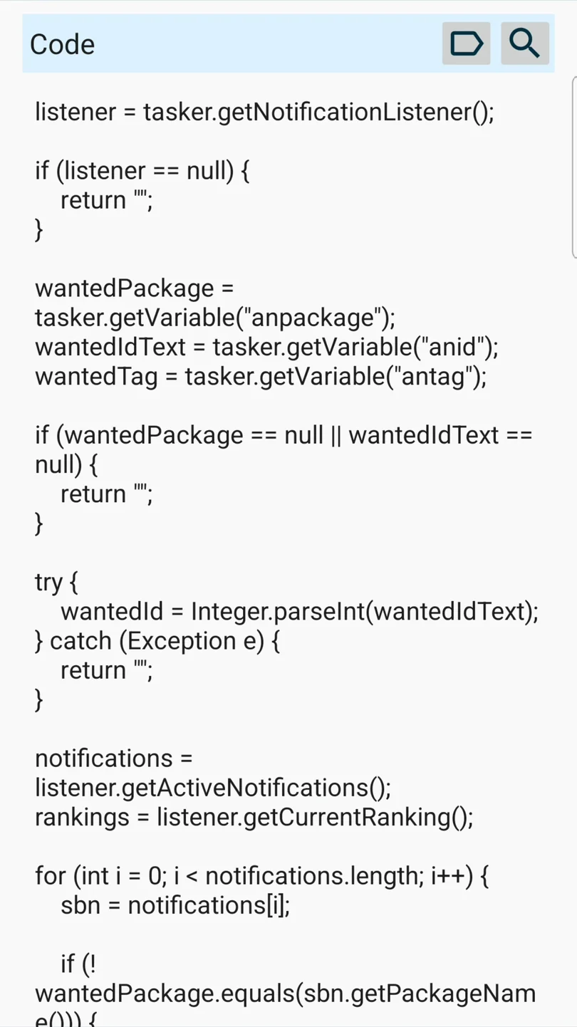 Tasker Java Code 액션에 카카오톡 방 제목 추출 코드를 입력한 화면