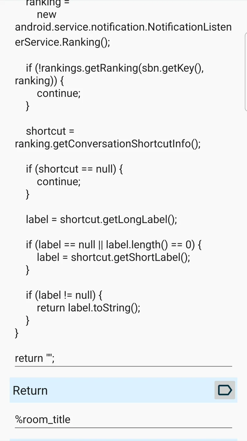 Tasker Java Code 액션의 Return 칸을 %room_title로 지정한 화면