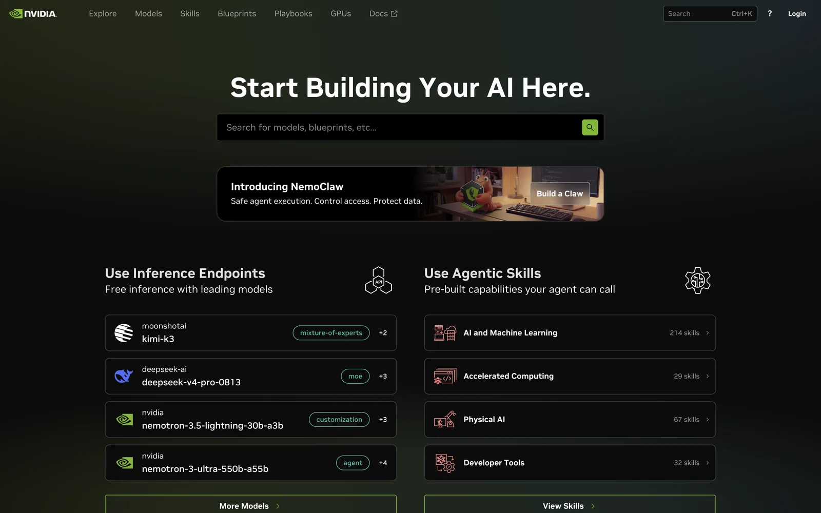 build.nvidia.com 첫 화면과 무료 추론 엔드포인트 목록