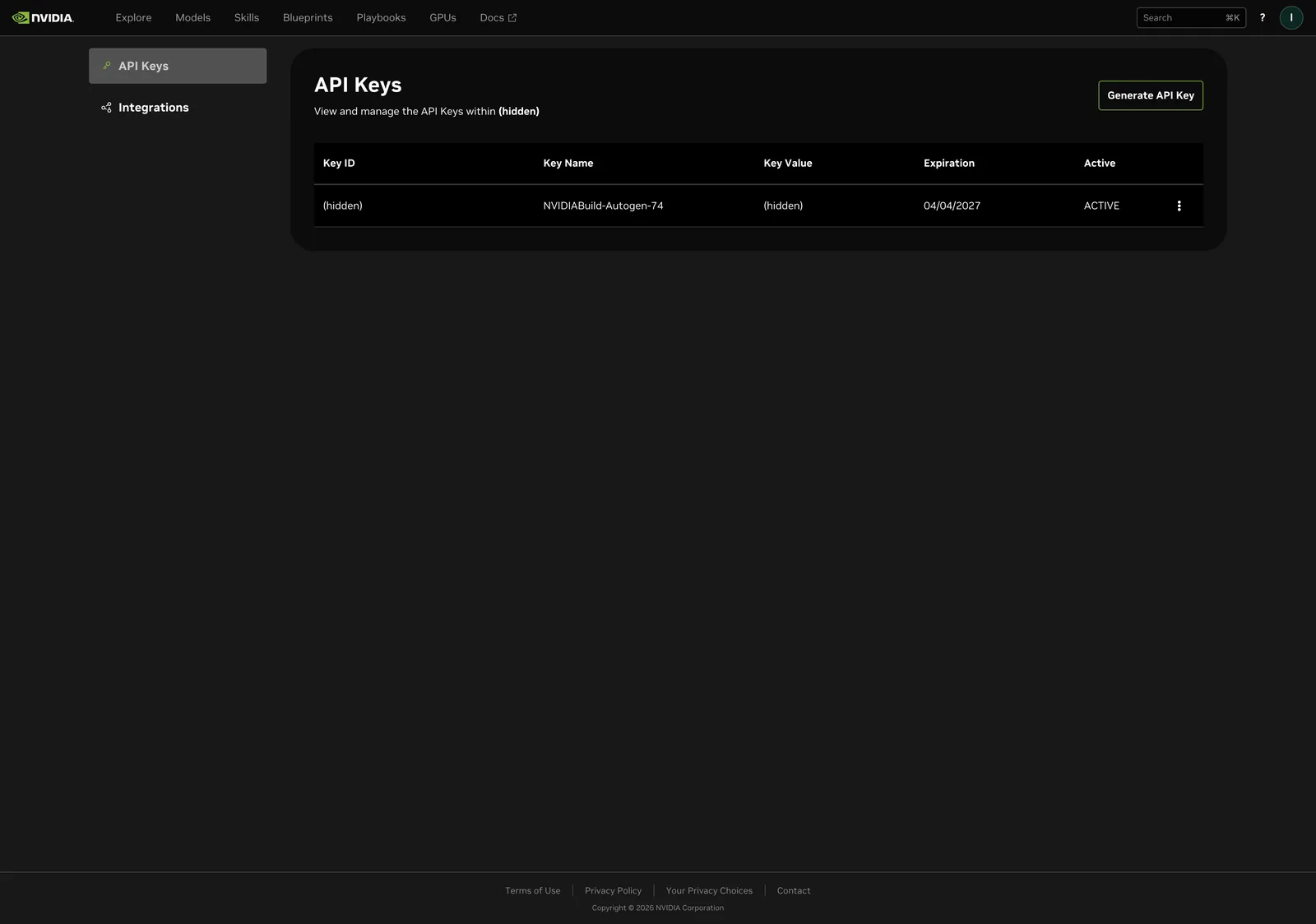 API Keys 페이지 (Key ID·Key Value·조직 이름은 가림)